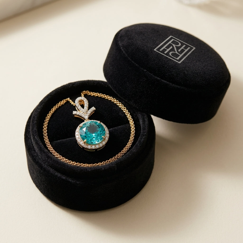 Blue Topaz & Diamond Pave Halo Pendant in 14K Yellow Gold - presentation
