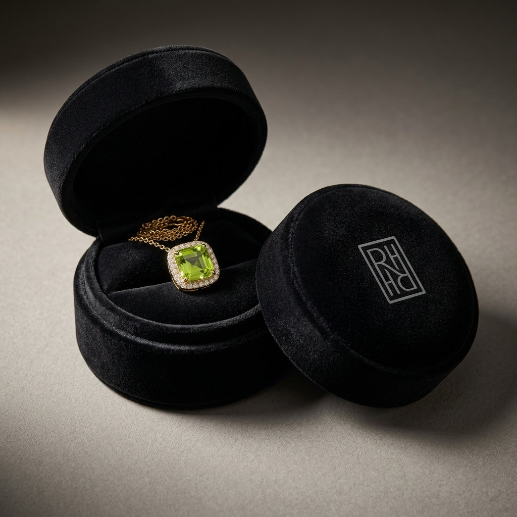Peridot Cushion & Diamond Double Halo Pendant in 14K Yellow Gold - presentation