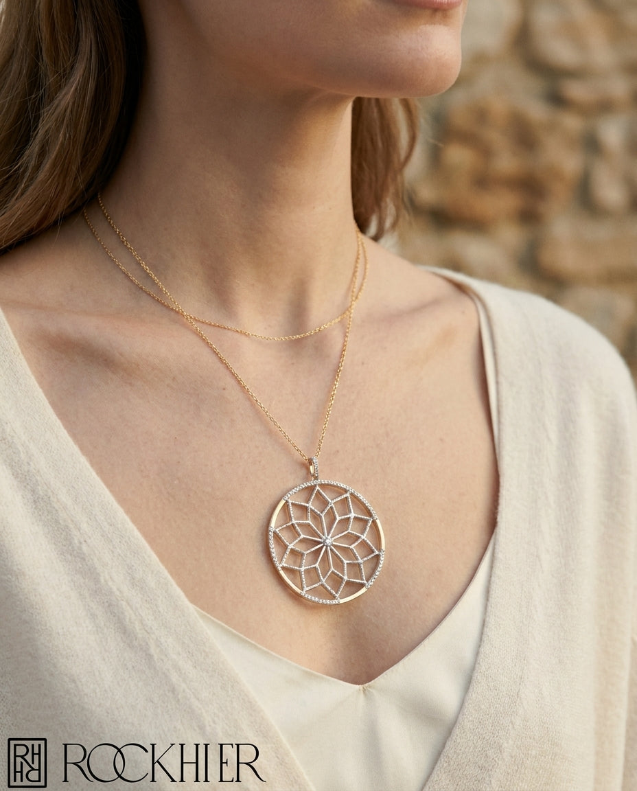 Natural Diamond Snowflake Pendant With Circular Frame in 14K Yellow Gold 0.30ctw, 16-18 Inch Adjustable Rolo Chain | RockHer