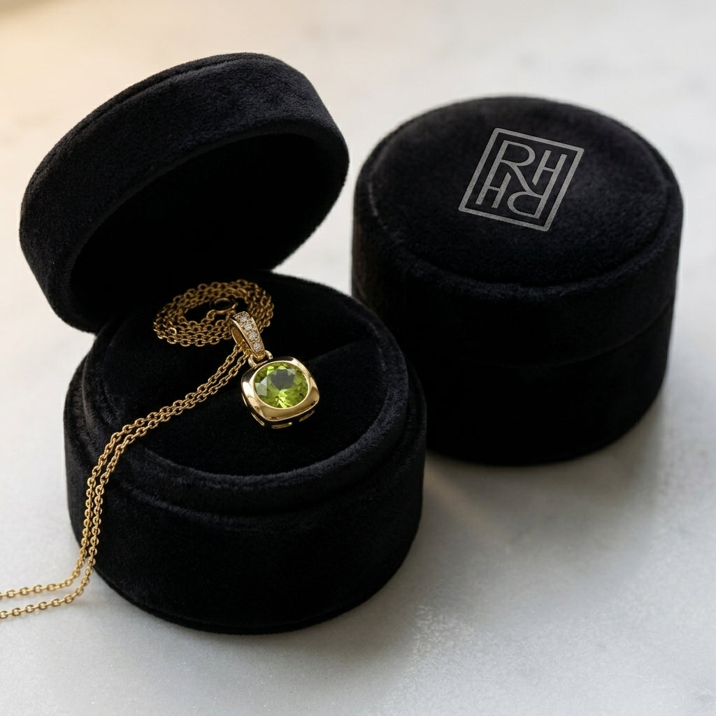 Peridot Round Bezel & Diamond 0.02ctw Pendant Set 16-18 Adj Chain in 14K Yellow Gold - presentation