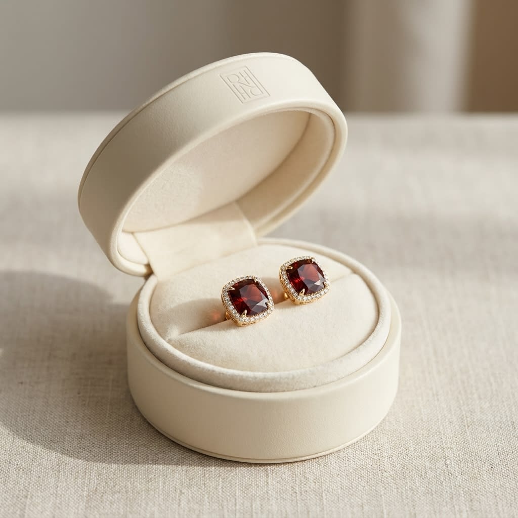 Garnet Cushion Stud Earrings in 14K Yellow Gold, in navy velvet jewelry box