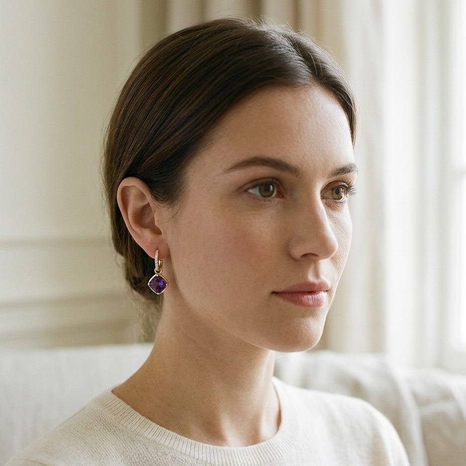 Amethyst Cushion Bezel Dangle Earrings with Pave Diamond Tops in 14K Yellow Gold - editorial