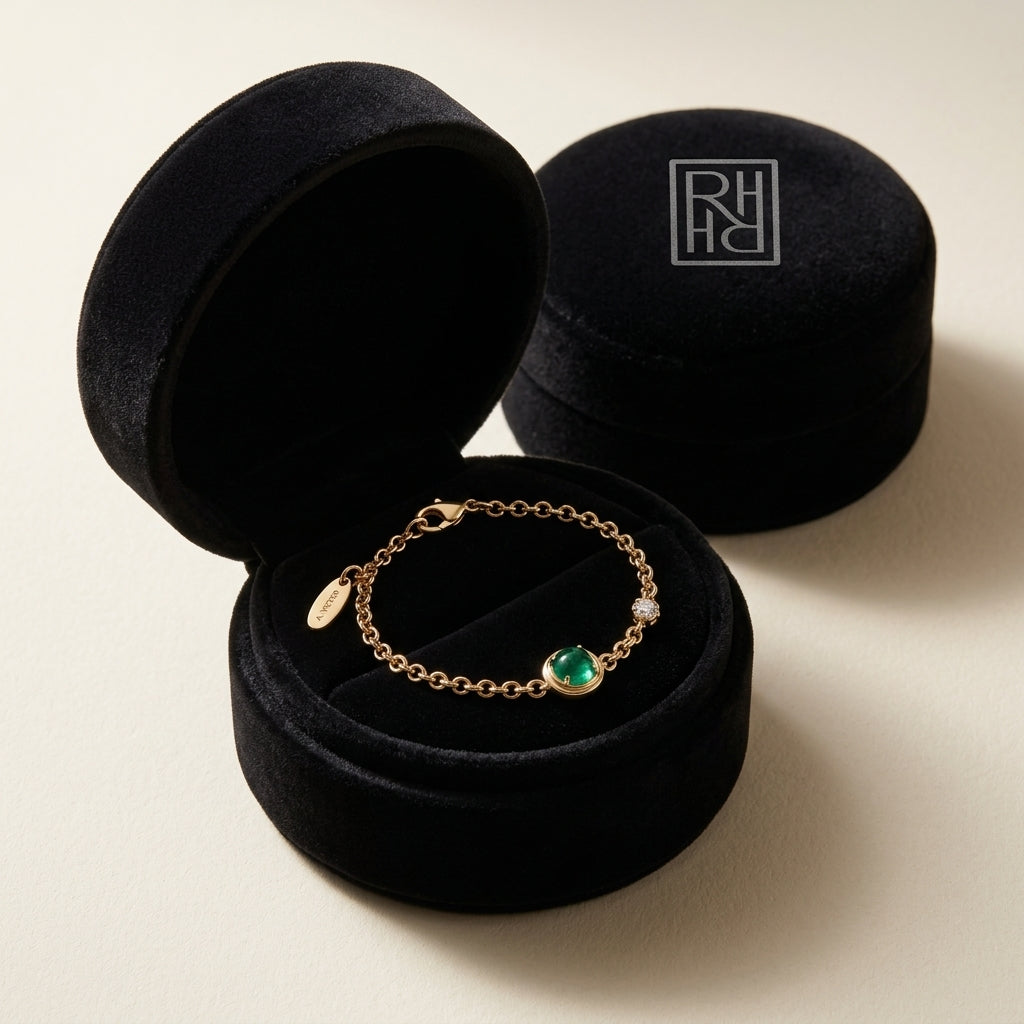 Diamond Bracelet with Created Emerald 7x5 Cushion Bracelet in 14K Yellow Gold - presentation