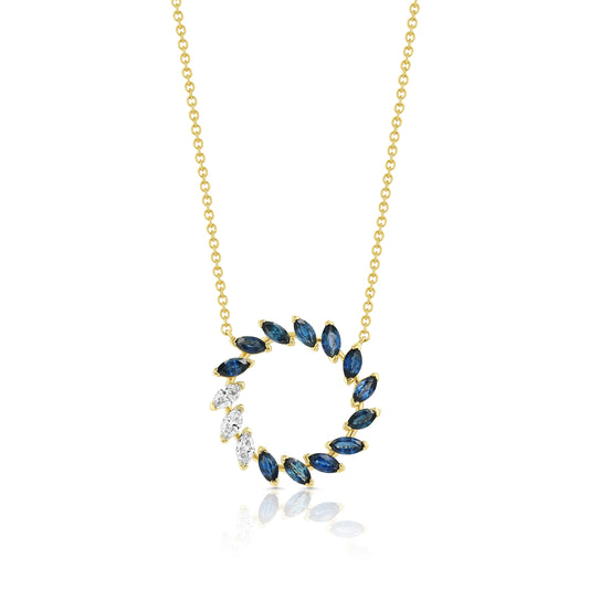 Sapphire And Diamond Marquise Wreath Necklace In 14k Yellow Gold 0.21ctw
