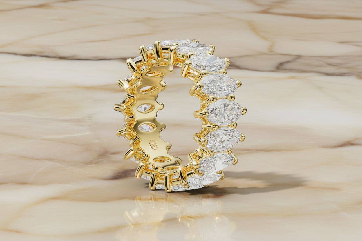 Marquise cut natural diamond eternity band in 14K yellow gold — profile