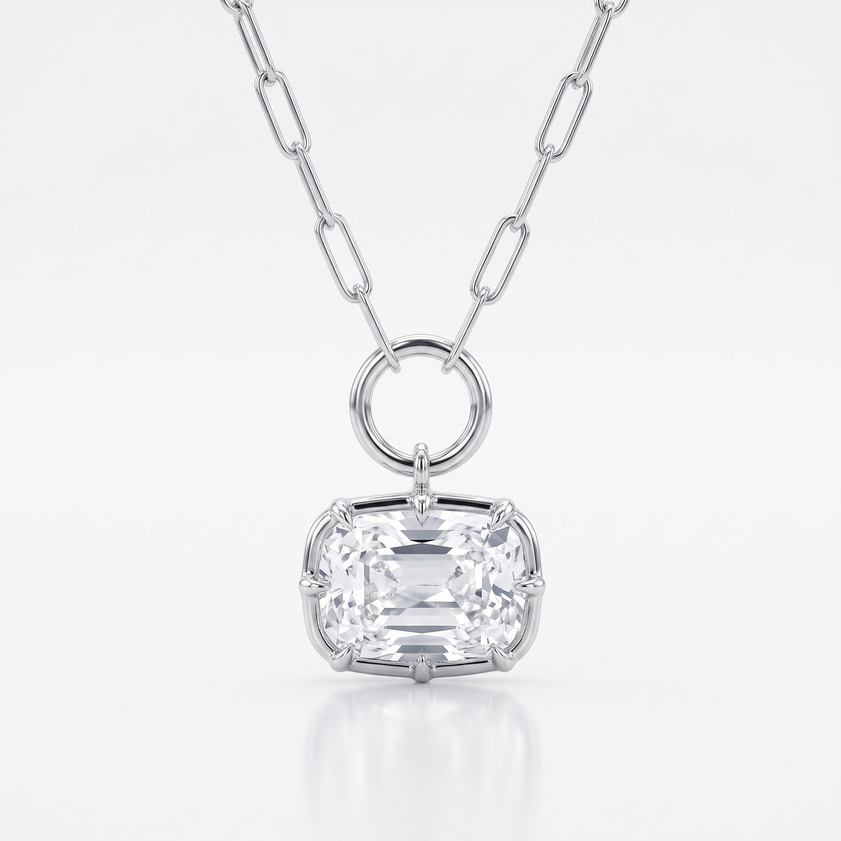 Lab Grown Diamond Cushion Cut Charm Pendant on Paperclip Chain, 2 ct, 18K White Gold, front view