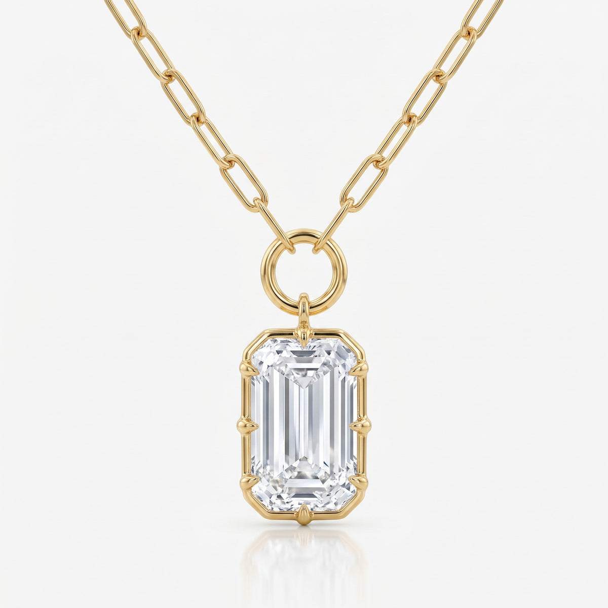 Lab Grown Diamond Emerald Cut Charm Pendant on Paperclip Chain, 4 ct, 18K Yellow Gold, front view