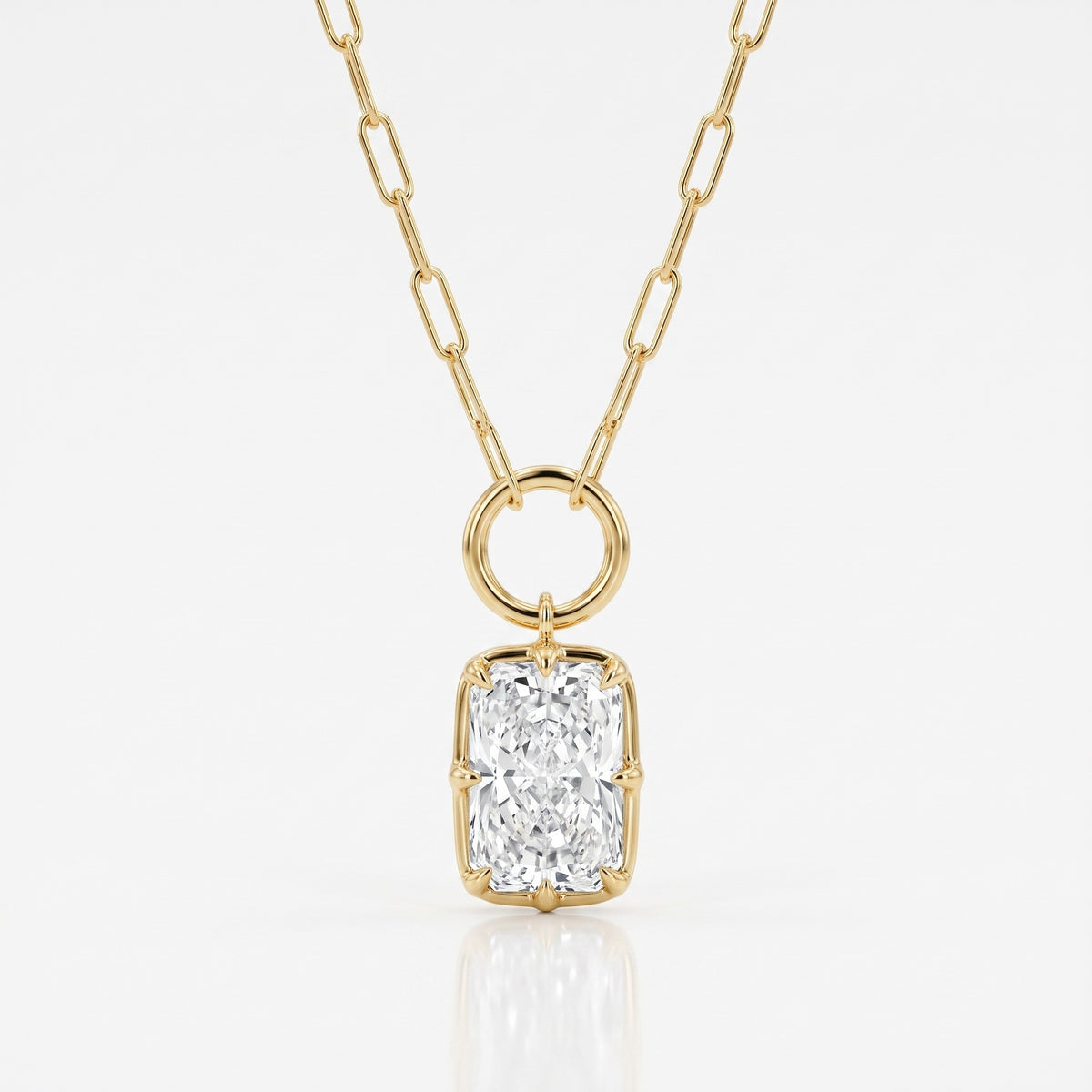 Lab Grown Diamond Radiant Cut Charm Pendant on Paperclip Chain, 2.5 ct, 18K Yellow Gold, front view