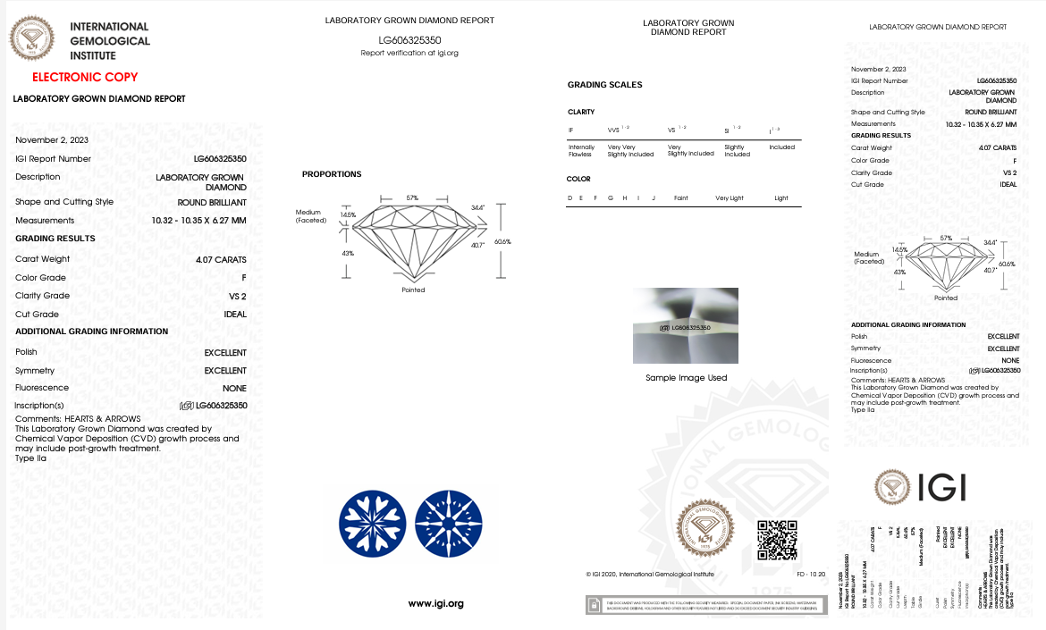 Round 4.07ct F VS2 ID EX EX Hearts and Arrows, IGI 606325350