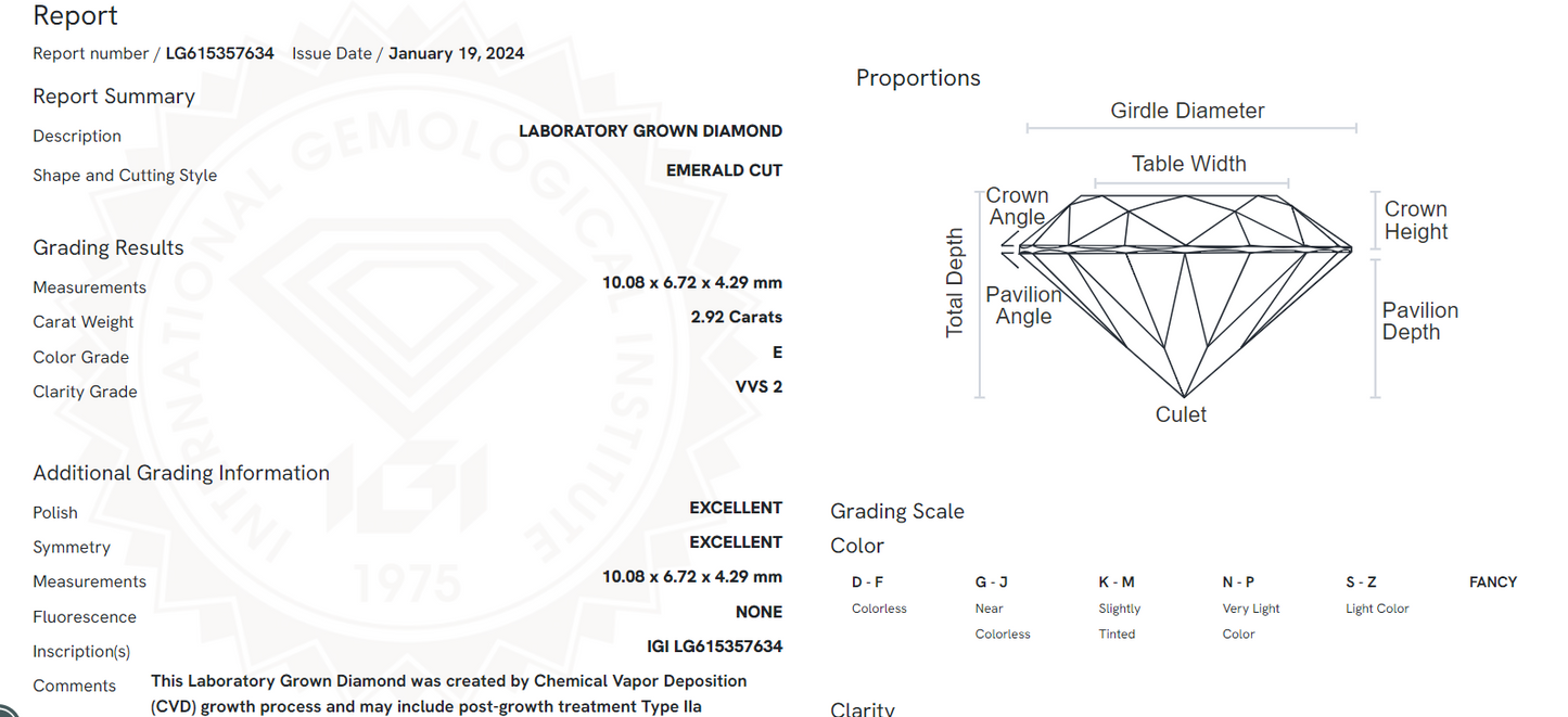 Lab Grown Emerald Cut Diamond, 2.92 Carat, E Color, VVS2 Clarity, IGI LG615357634