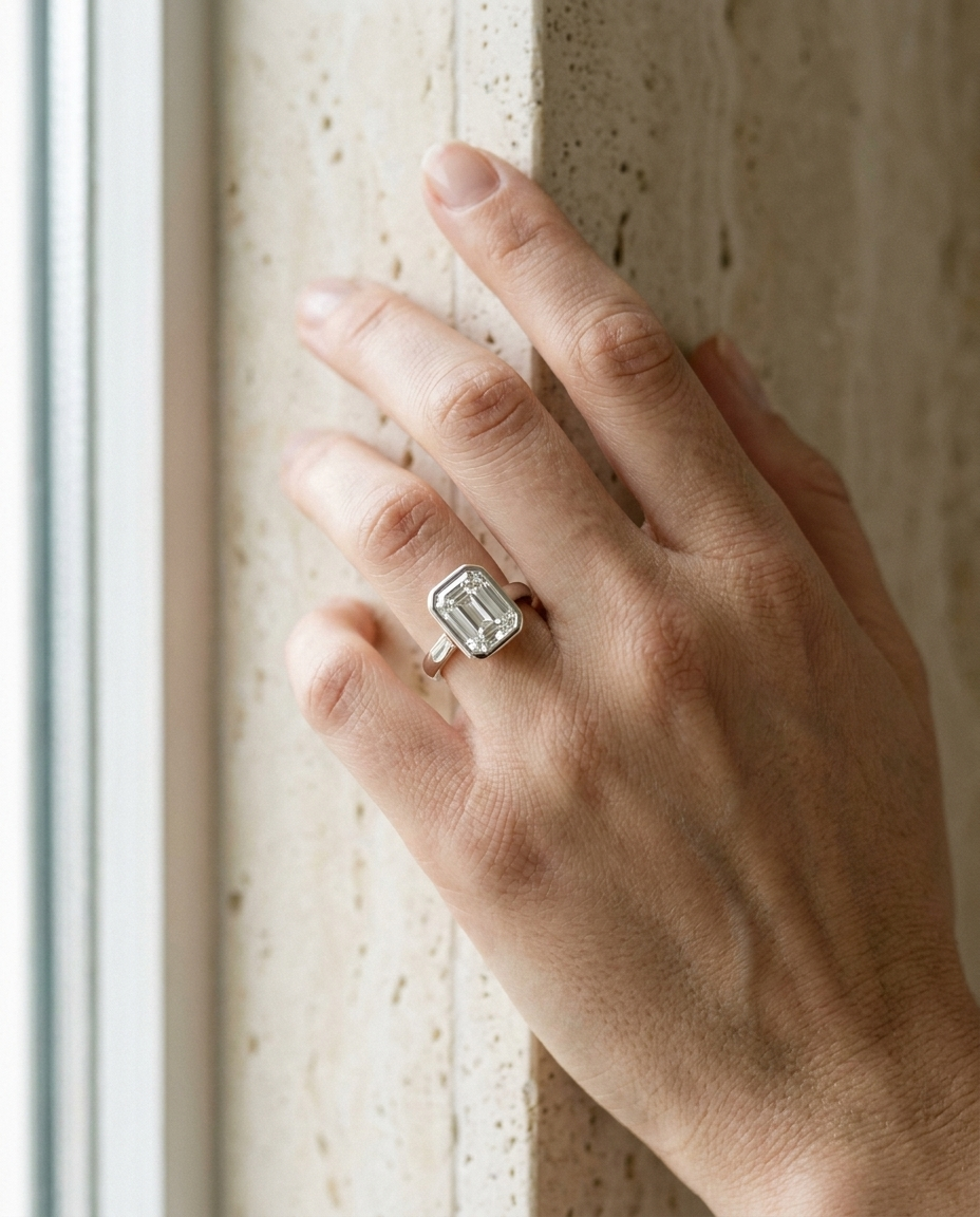 The Agnes Select bezel solitaire emerald cut engagement ring in platinum — on hand — RockHer