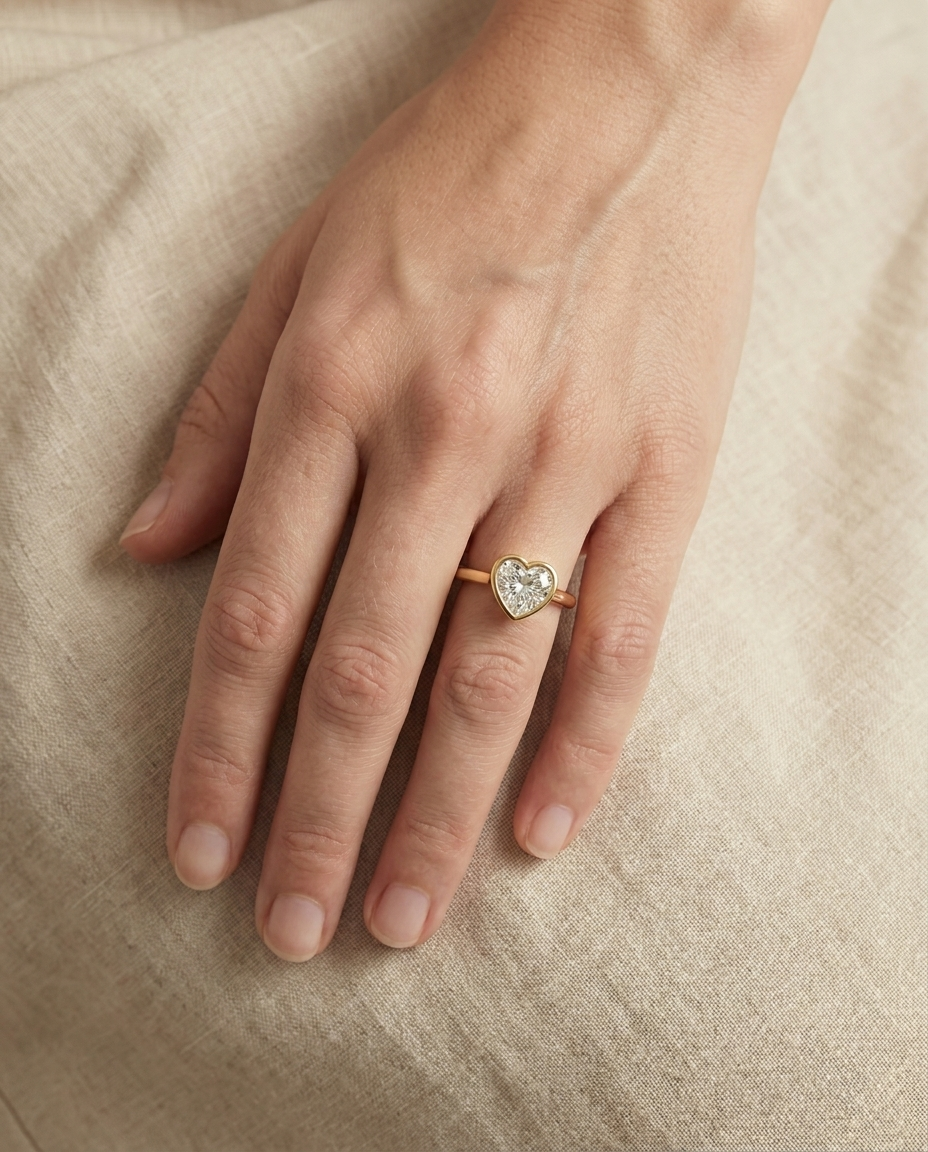 The Agnes Select bezel solitaire heart engagement ring in 18k yellow gold — top down hand — RockHer