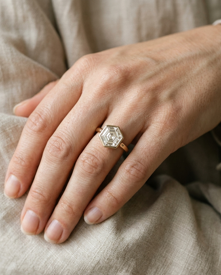 The Agnes Select bezel solitaire hexagonal engagement ring in platinum — on hand — RockHer