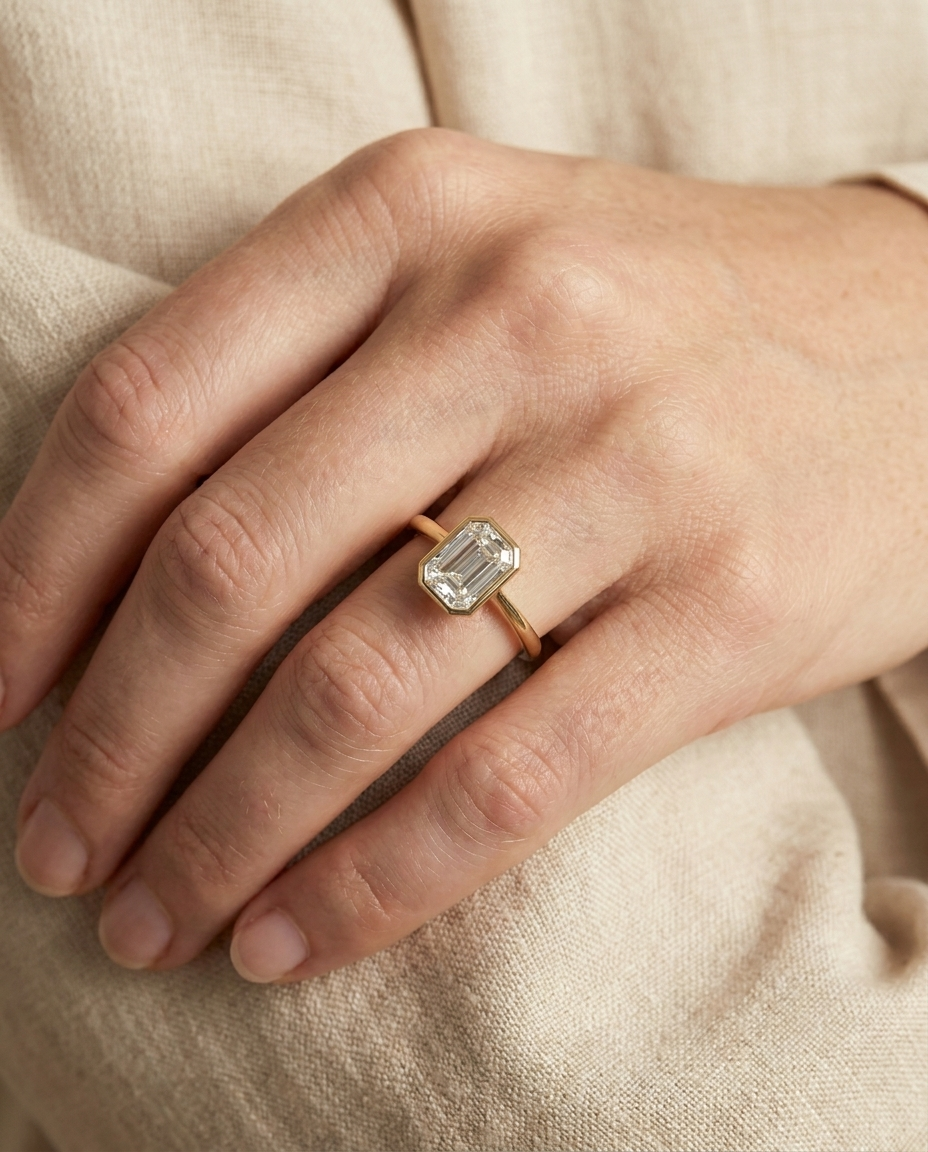 The Agnes bezel solitaire oval engagement ring setting in platinum — on hand — RockHer