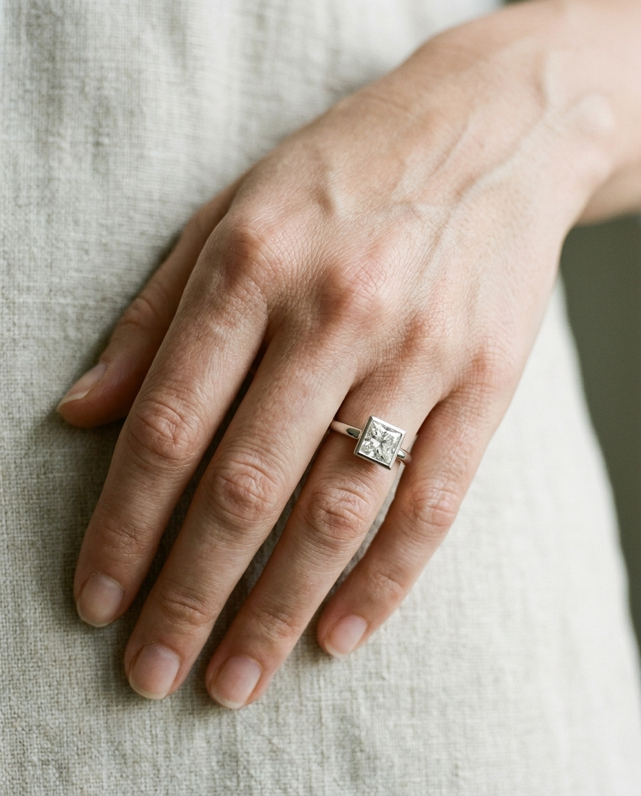 The Agnes Select bezel solitaire princess engagement ring in platinum — on hand — RockHer