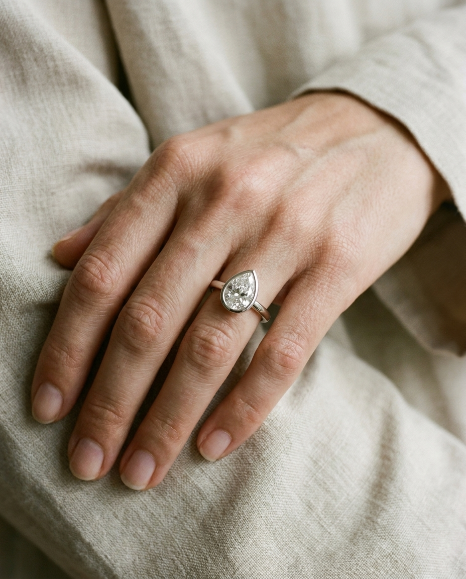 The Agnes Select bezel solitaire pear engagement ring in platinum — on hand — RockHer