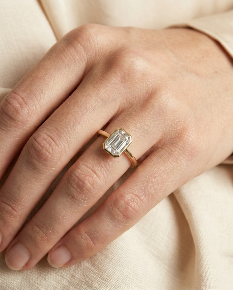 The Agnes Select bezel solitaire tapered baguette engagement ring in platinum — on hand — RockHer