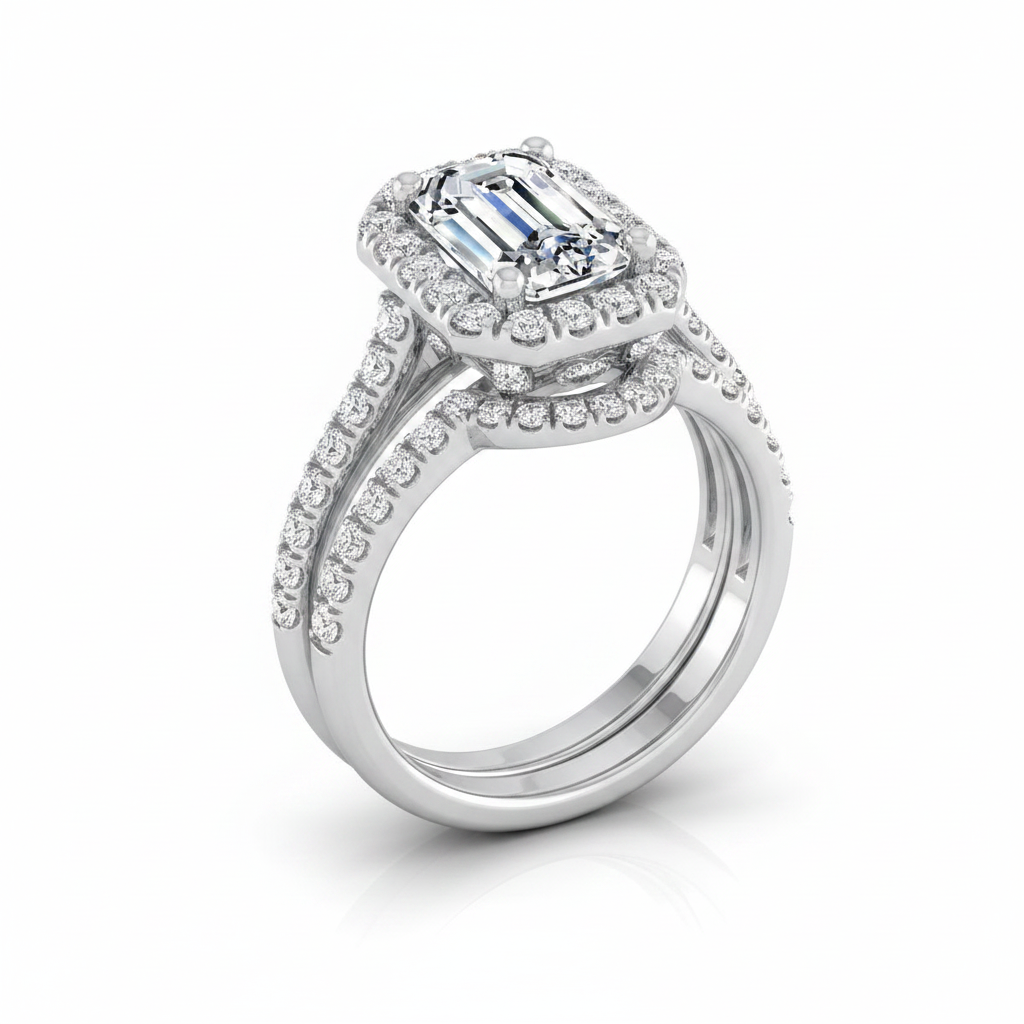 The Celine Matching Wedding Band, Emerald in Platinum