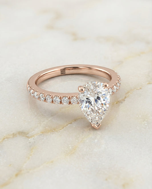 Classic Linear French Pavé Pear Shape, in 14K Rose Gold – angled view | RockHer
