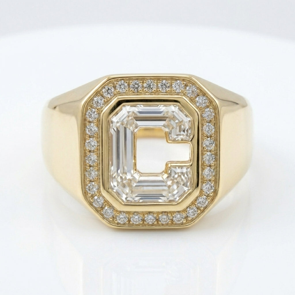 Women's Diamond Frame lab-grown diamond letter signet ring in 14K Yellow Gold, letter C, product photography