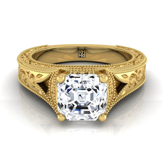 Hand-Engraved Milgrain Vintage Solitaire Asscher Cut Engagement Ring Setting in 18K Yellow Gold