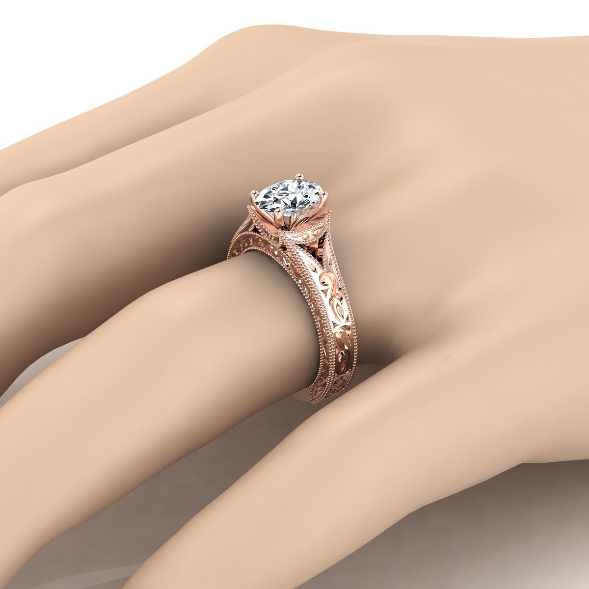 14K Rose Gold Oval Hand Engraved and Milgrain Vintage Solitaire Engagement Ring
