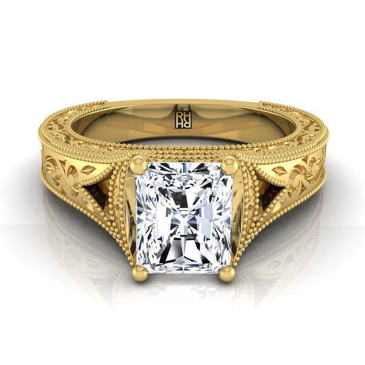 18K Yellow Gold Radiant Cut Center Hand Engraved and Milgrain Vintage Solitaire Engagement Ring