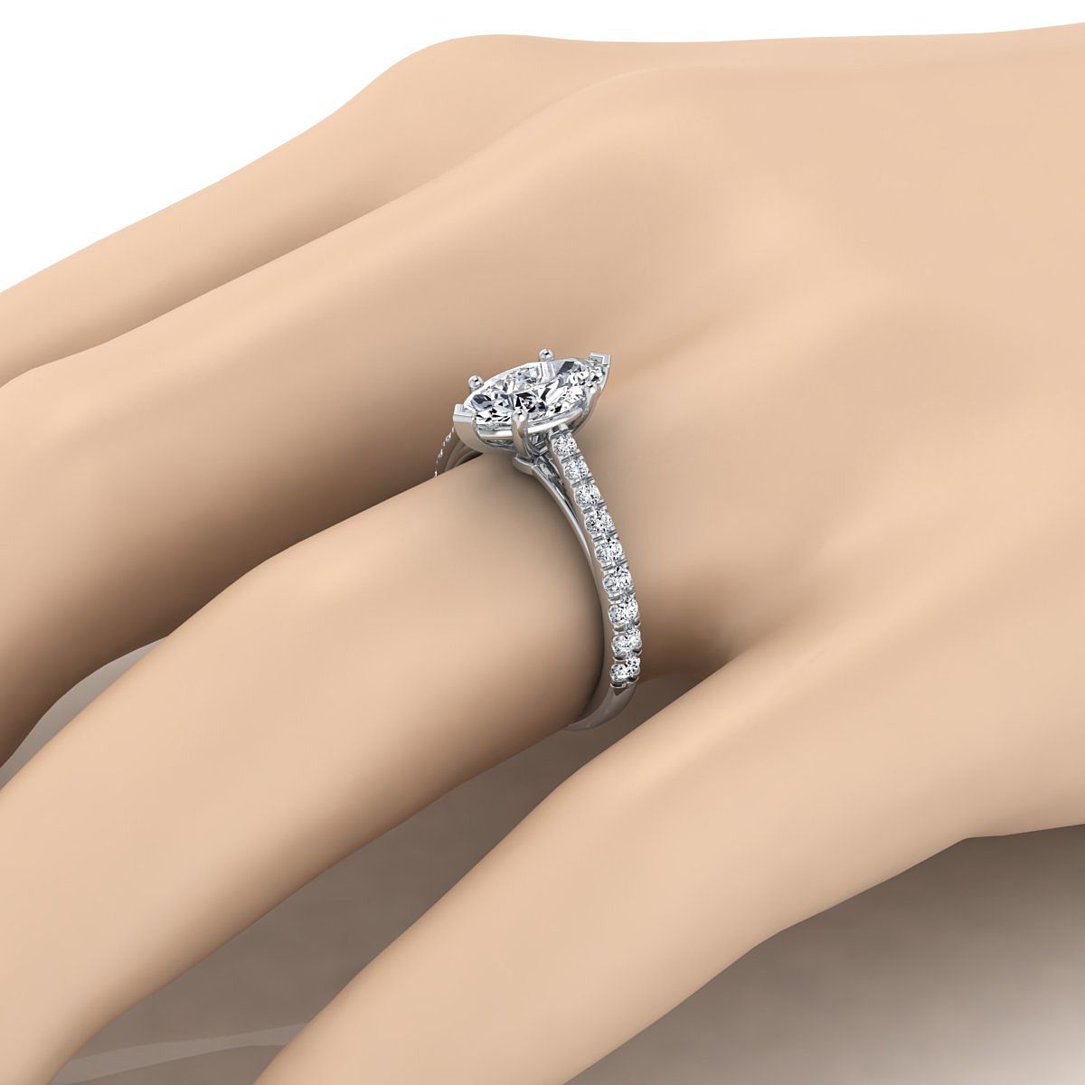 Platinum Marquise Diamond French Pave Cathedral Style Solitaire Engagement Ring -1/4ctw