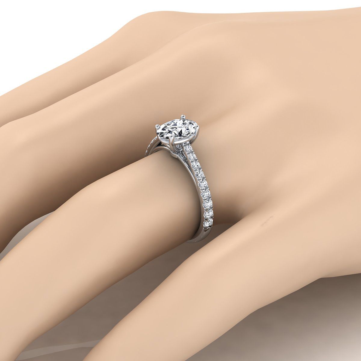 14K White Gold Oval Diamond French Pave Cathedral Style Solitaire Engagement Ring -1/4ctw
