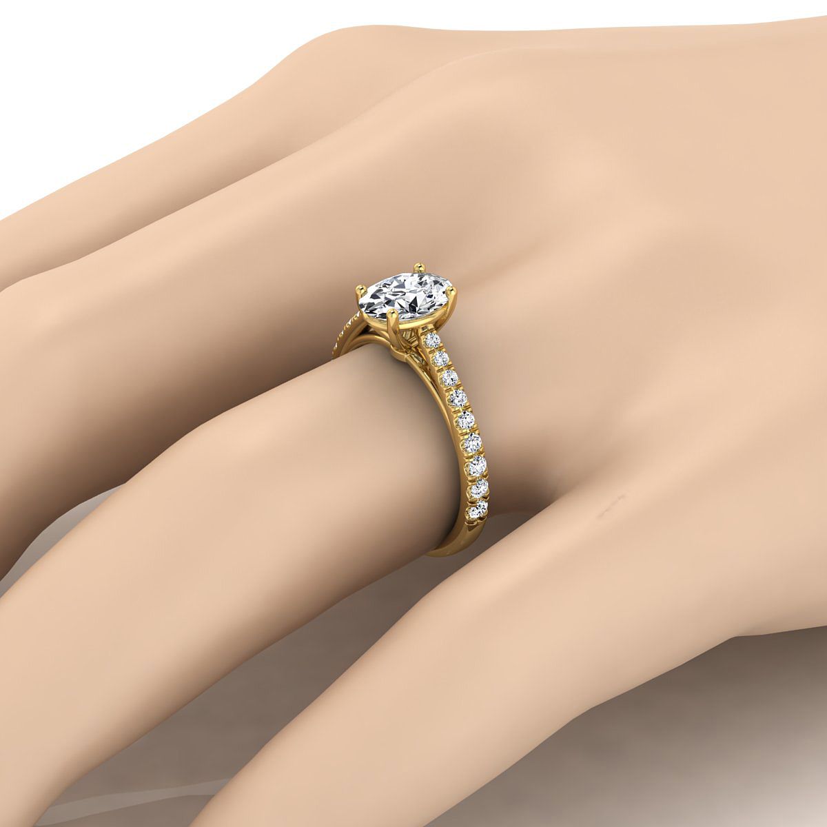 18K Yellow Gold Oval Diamond French Pave Cathedral Style Solitaire Engagement Ring -1/4ctw