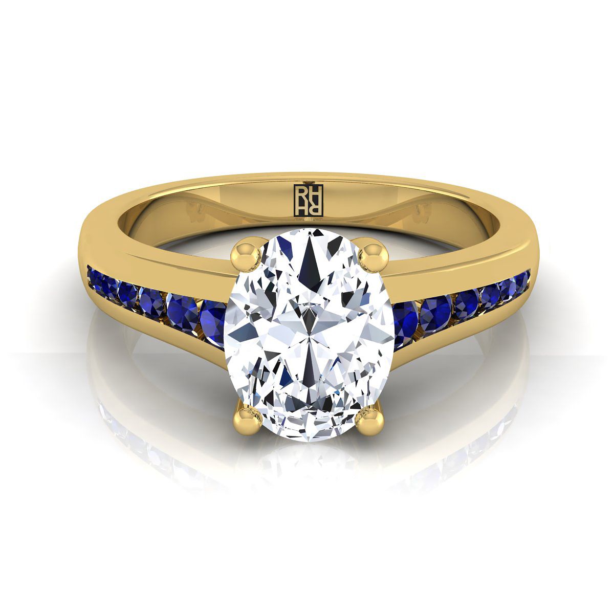 14K Yellow Gold Oval Contemporary Tapered Blue Sapphire Channel Engage