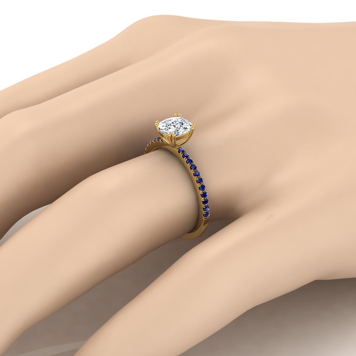 18K Yellow Gold Cushion Simple French Pave Double Claw Prong Diamond Engagement Ring