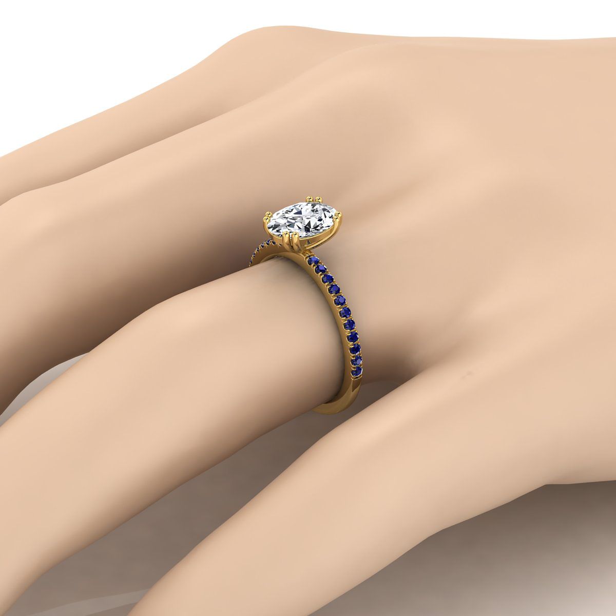 14K Yellow Gold Oval Simple French Pave Double Claw Prong Diamond Engagement Ring