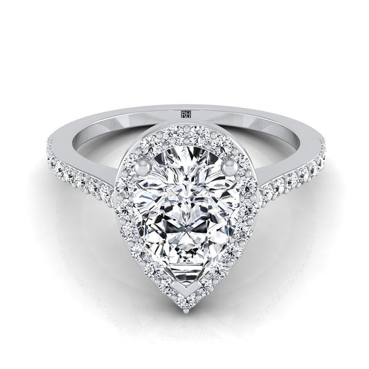 18K White Gold Pear Shape Center Classic French Pave Diamond Halo and Linear Engagement Ring -1/3ctw