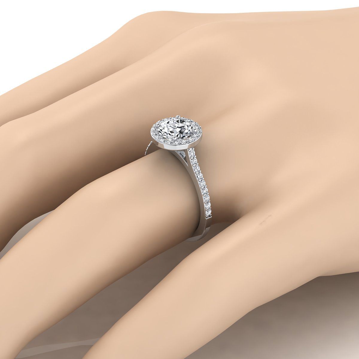 18K White Gold Round Brilliant Classic French Pave Diamond Halo and Linear Engagement Ring -1/3ctw