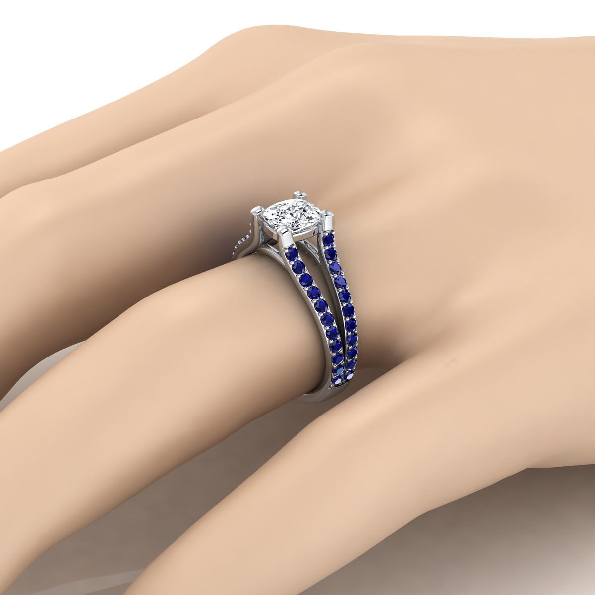 Platinum Cushion Prong Set Sapphire Split Shank Engagement Ring
