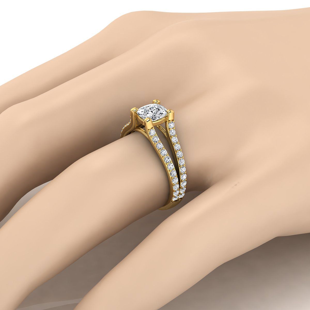 14K Yellow Gold Cushion Prong Set Sapphire Split Shank Engagement Ring