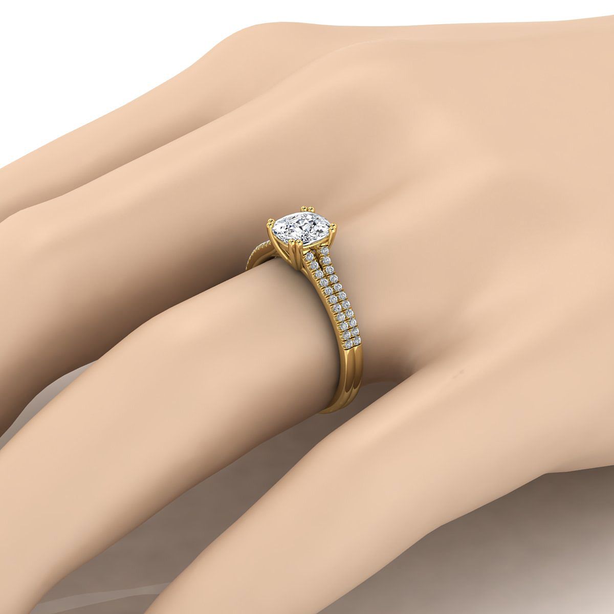 14K Yellow Gold Cushion Diamond Double Row Double Prong French Pave Engagement Ring -1/6ctw