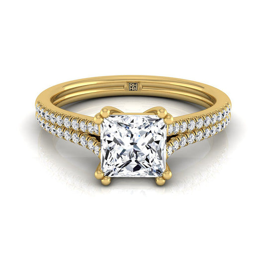 18K Yellow Gold Princess Cut Diamond Double Row Double Prong French Pave Engagement Ring -1/6ctw