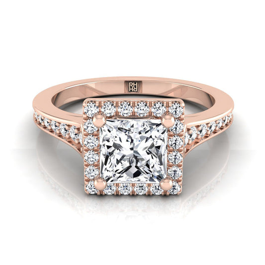 14K Rose Gold Princess Cut Diamond Classic Halo with Channel French Pave Engagement RIng -1/3ctw