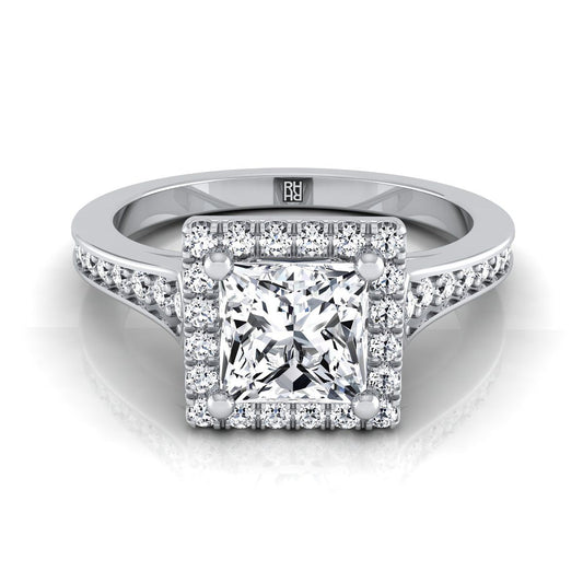 18K White Gold Princess Cut Diamond Classic Halo with Channel French Pave Engagement RIng -1/3ctw