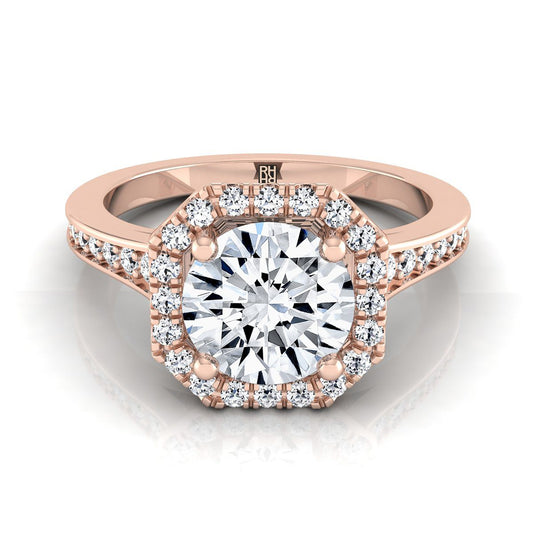 14K Rose Gold Round Brilliant Diamond Classic Halo with Channel French Pave Engagement RIng -1/3ctw