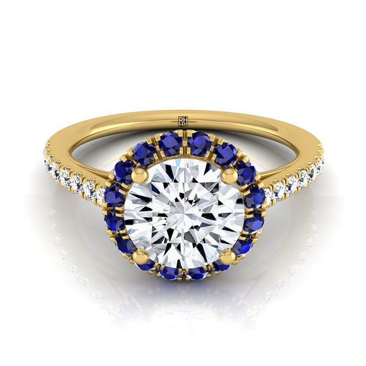14K Yellow Gold Round Brilliant Sapphire Petite Halo French Diamond Pave Engagement Ring -1/5ctw