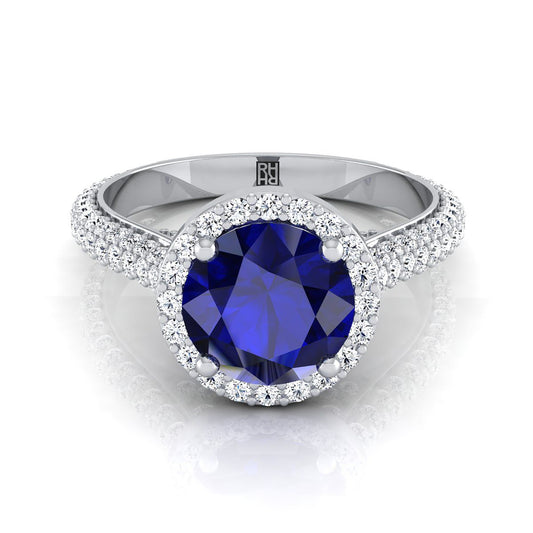 Platinum Round Brilliant Sapphire Micro-Pavé Halo With Pave Side Diamond Engagement Ring -7/8ctw