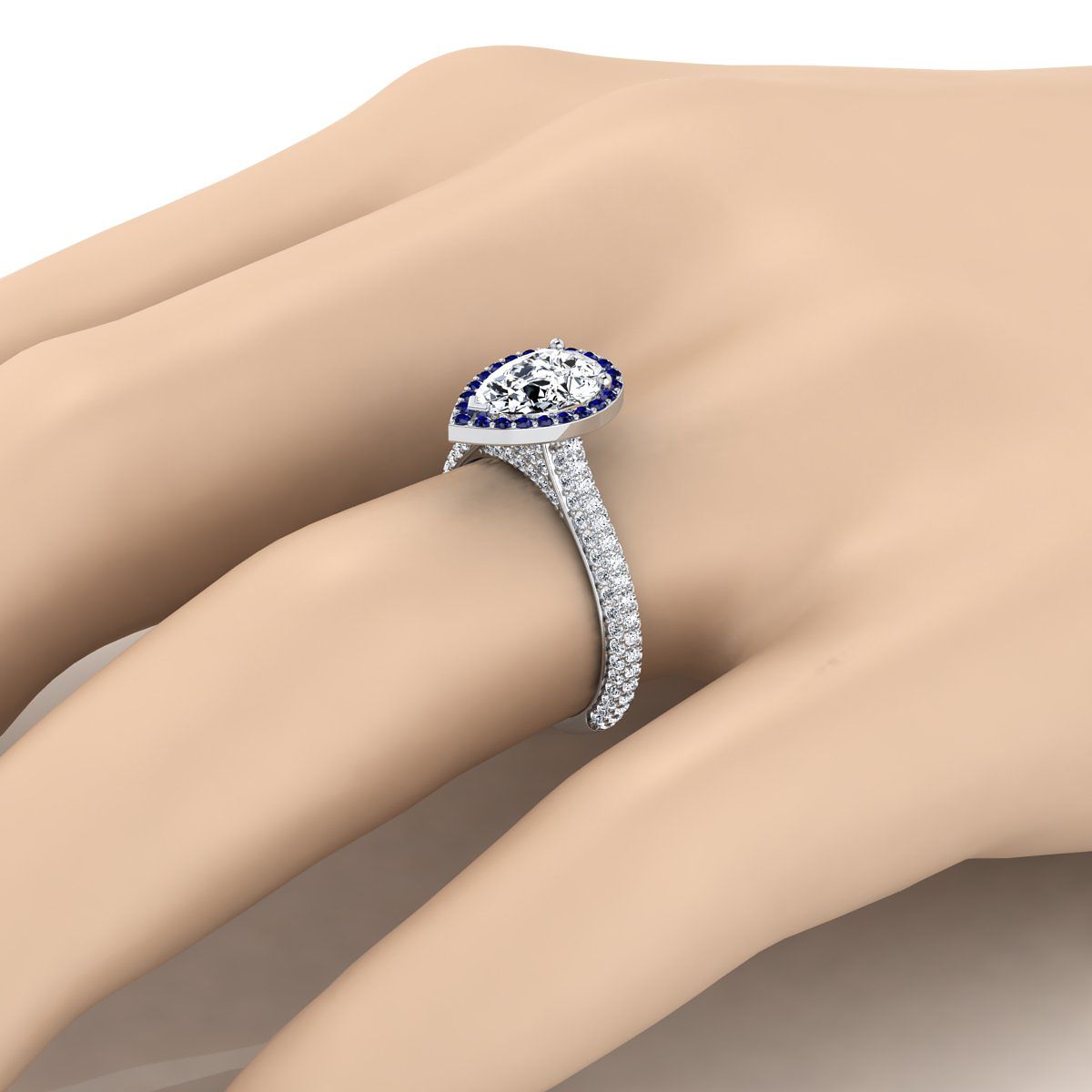 18K White Gold Pear Shape Center Sapphire Micro-Pavé Halo With Pave Side Diamond Engagement Ring -7/8ctw