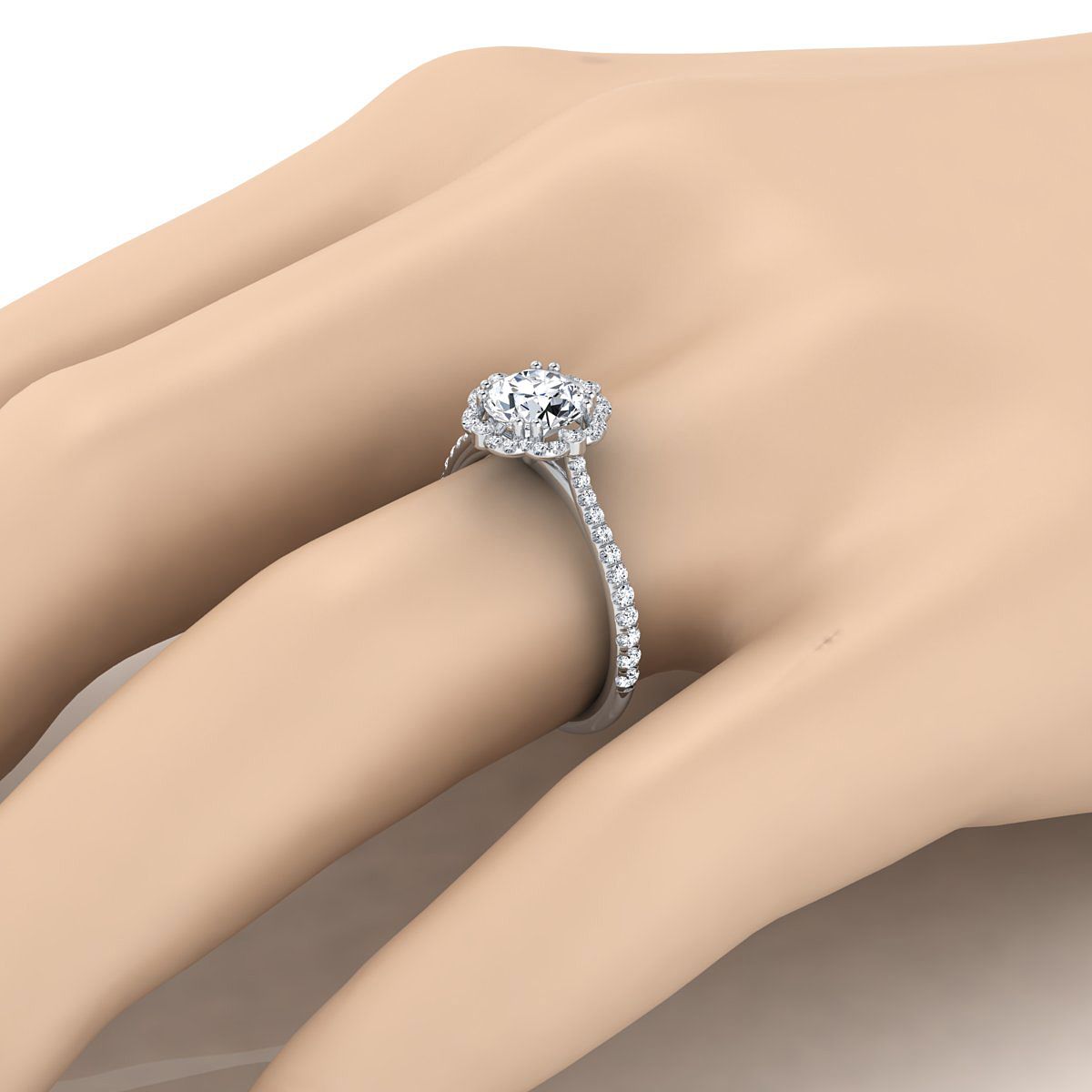 Round Brilliant, Vintage Scalloped Halo, in Platinum, pave setting – view 10 | RockHer