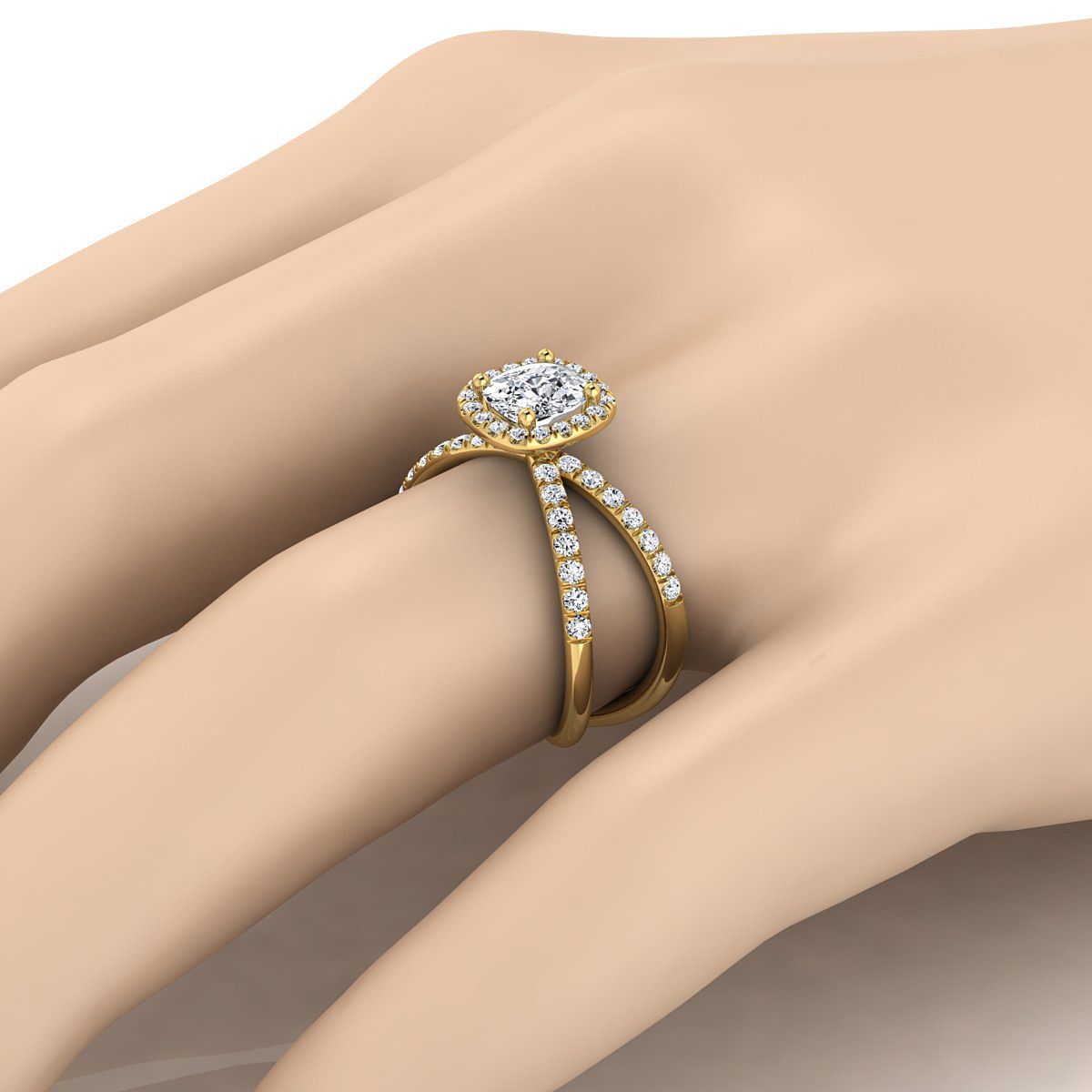 18K Yellow Gold Cushion Diamond Open Criss Cross French Pave Engagement Ring -1/2ctw