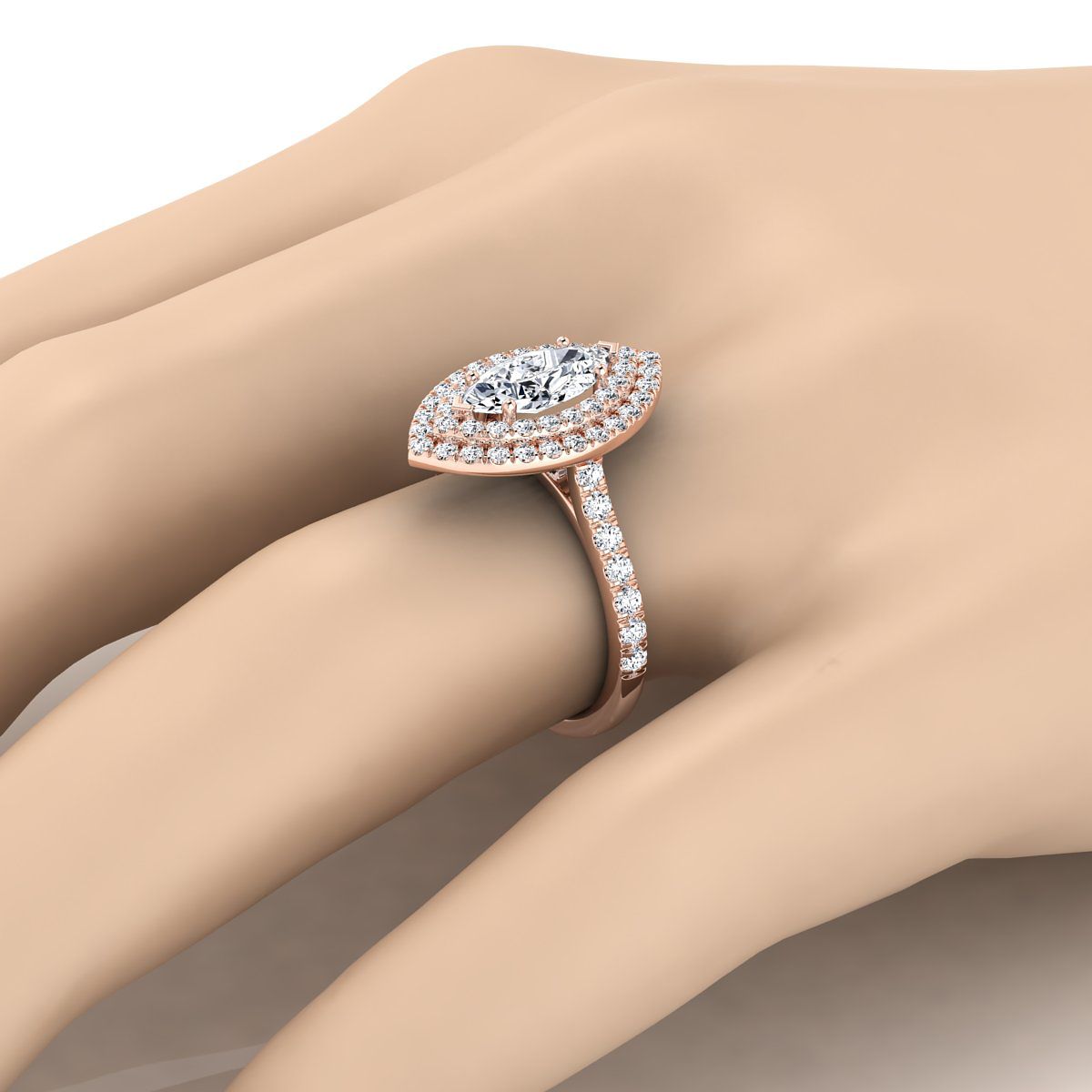 14K Rose Gold Marquise Double Pave Halo with Linear Diamond Engagement Ring -7/8ctw