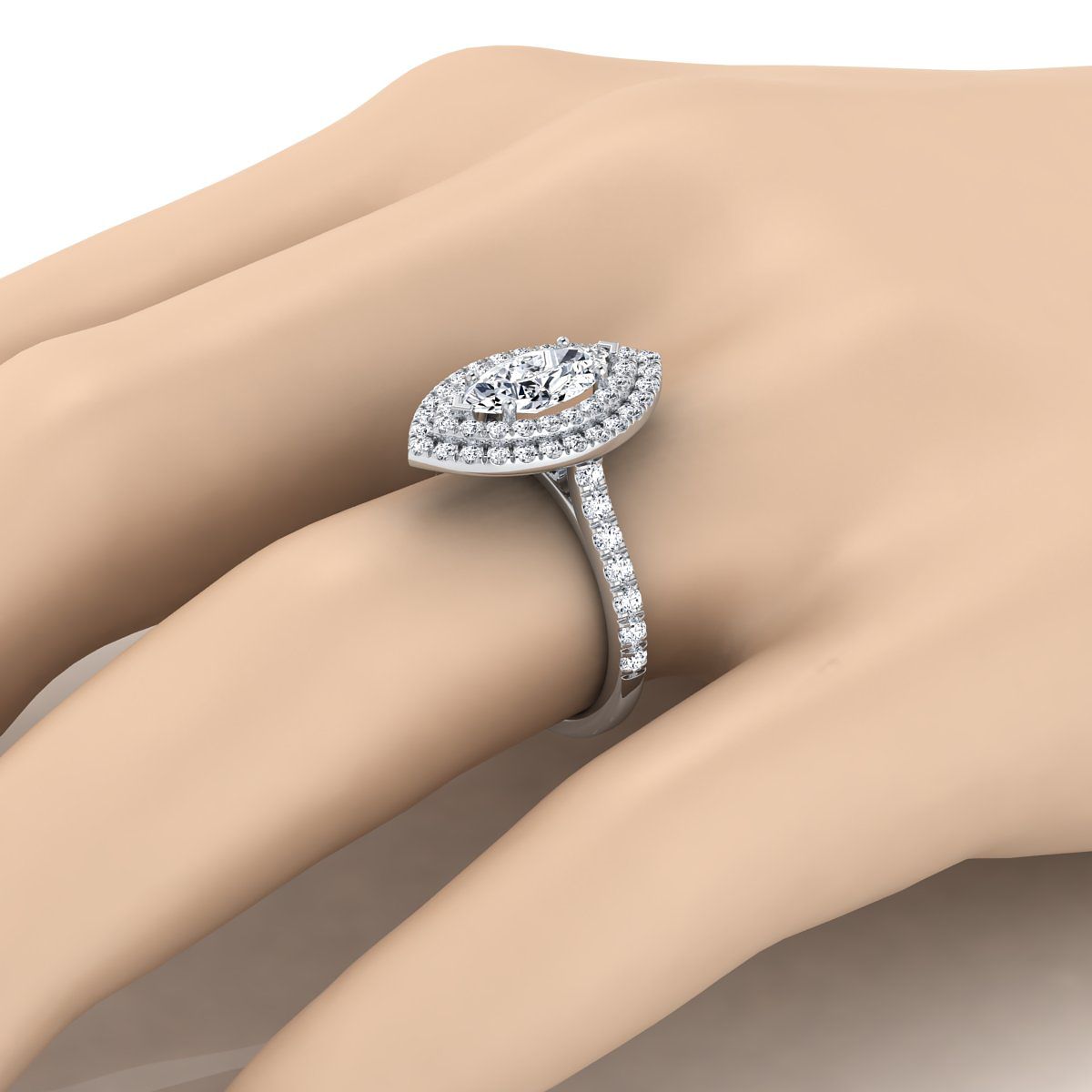 14K White Gold Marquise Double Pave Halo with Linear Diamond Engagement Ring -7/8ctw