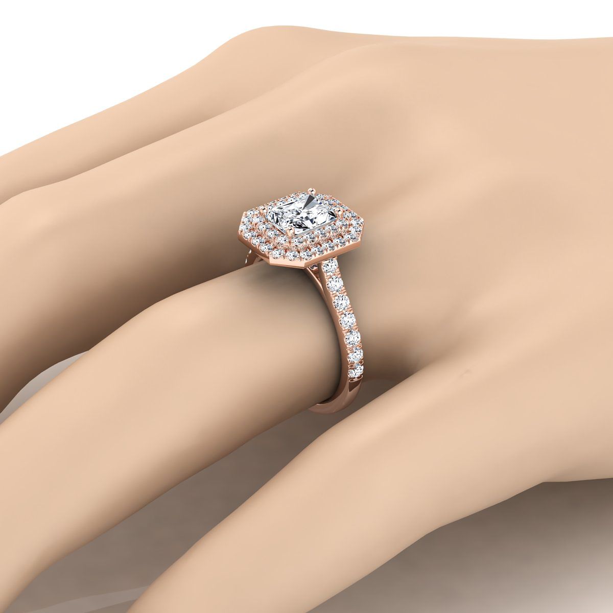 14K Rose Gold Radiant Cut Center Double Pave Halo with Linear Diamond Engagement Ring -7/8ctw